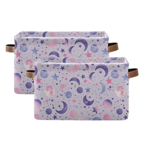 Moons Planets Stars Storage Bins with Handle Fabric Organizer Basket Foldable Box 2 Pack 14.2x10.2x8.3