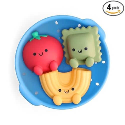 Itzy Ritzy Bath Squirter Toys – Set of 3 Textured, Pasta-Shaped Bath Toys & 1 Sprinkle Strainer – Itzy Splash Pals Promote Sensory Play, Cause & Effect, & Motor Skill Development – 6 Mos & Up (Pasta)