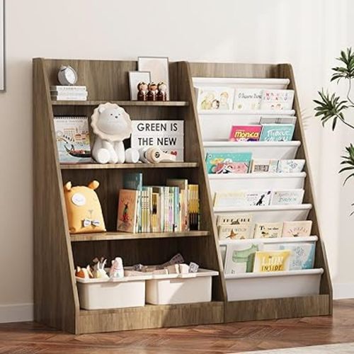 Kids Bookshelf Wood Toy Storage Organizer Cabinet Children Bookcase Toddler Baby Sling Book Rack Adjustable Shelf for Playroom Bedroom Nursery Hallway School Kindergarten
