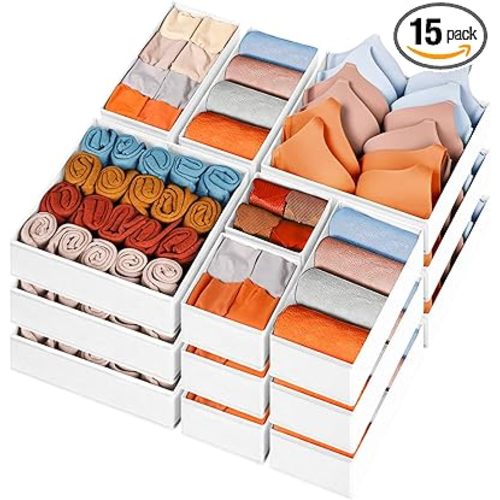 Criusia Closet Drawer Organizer Clothes, 15 Pack White Dresser Organizer for Baby Clothes, Fabric Drawer Dividers for Nursery Bedroom