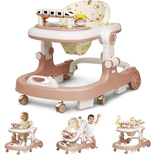Baby Walker with Wheels, 4 in 1 Foldable Baby Walkers for Boys Girls 6-18 Months, 3 Level Height Adjustment with Bouncing, Feeding Tray & Music, Baby Walker with Activity Center, Toddler Push Walker