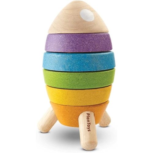 PlanToys Wooden Sorting and Stacking Rocket with Astronaut (5694) | Sustainably Made from Rubberwood and Non-Toxic Paints and Dyes | Eco-Friendly PlanWood