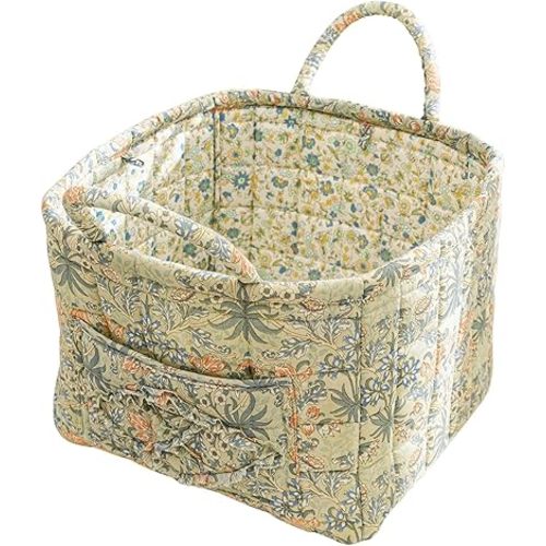 vctops Boho Cotton Quilted Storage Basket for Organizing, Basket Organizer Gift Baskets with Handles, Storage Bins for Toys, Books, Towels, and Clothes, Collapsible Fabric(Pattern B,13"x10.6"x10")
