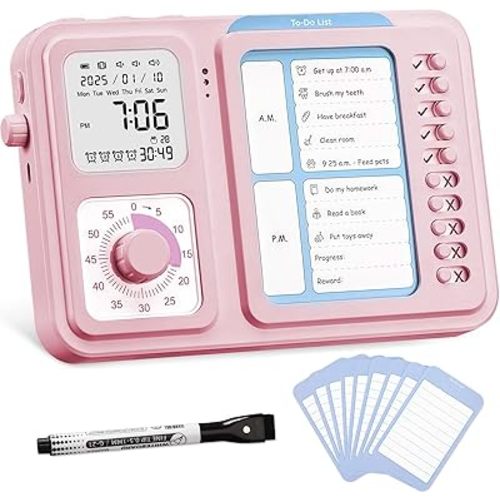3-in-1 Visual Timer & ADHD Tool for Kids|Adults, Task Timer with Chore Chart Board, Visual Schedule for Kids with Autism, Daily Checklist for Home, School, Classroom, Desk (Pink)