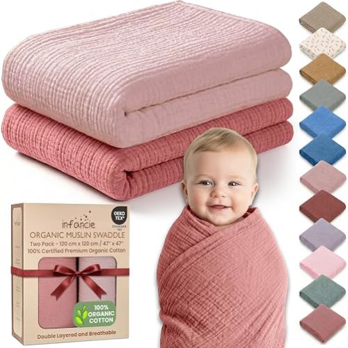 100% Organic Cotton 2 PK Baby Muslin Swaddle Blankets Girl 47x47in