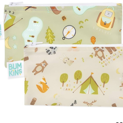 Bumkins Reusable Snack Bags, for Kids School Lunch and for Adults Portion, Washable Fabric, Waterproof Cloth Zip Bag, Supplies Travel Pouch, Food-Safe, 2-pk Camp Friends and Gear