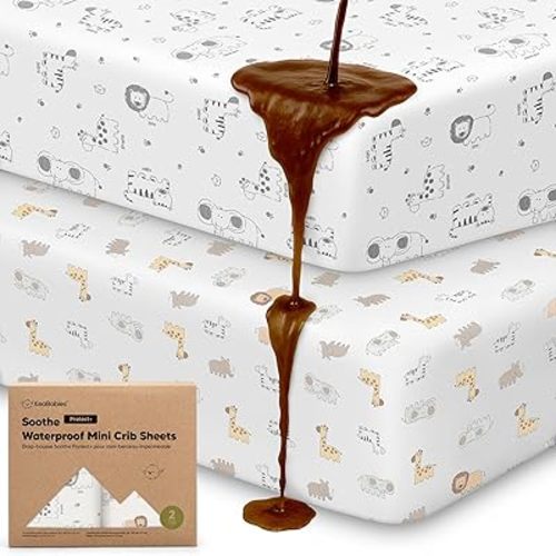 2 Pack and Play Sheets, Waterproof Mini Crib Sheets Fitted - 38x26 Organic Cotton Pack N Play Sheets for Graco Pack and Play Mattress, Playard Baby Crib Sheets,Neutral for Boy,Girl,Toddler(KeaSafari)