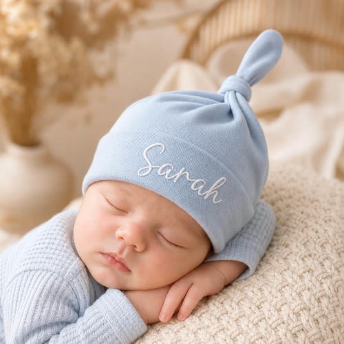 Custom Embroidered Name Baby Beanie & Bow Headband Personalized Newborn Hospital Hat Monogram Baby Shower Gift LXY1608