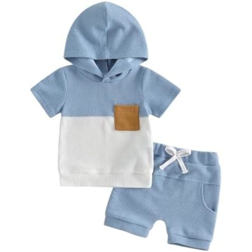 Toddler Baby Boy Hooded Summer Outfit Contrast T Shirt Shorts Set Infant boy Waffle Clothes 6 12 18 Months 2T 3T