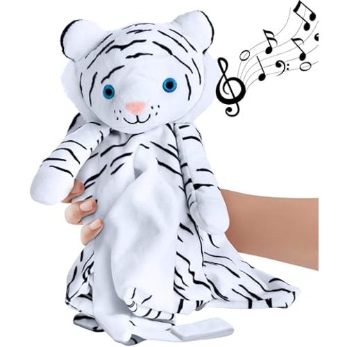 Love By Emi 4 in 1 Baby Lullaby Sleep Soother Toy - Stuffed Animal Sound Machine & Pacifier Holder | Heartbeat White Noise & Music | Plush White Tiger Lovey Sleep Aid Security Blanket (0-3 Years)