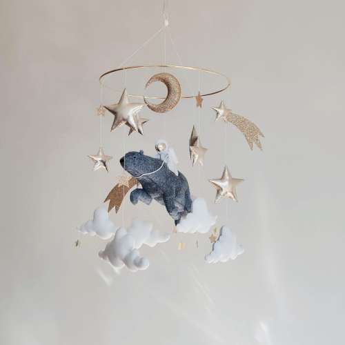 Space Baby Mobile: Polar Bear, Astronaut, Moon & Stars - Felt Nursery Decor