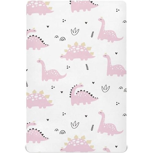 Fitted Crib Sheets Baby Pink Dinosaurs Stretchy Portable Playard Sheets for Baby Toddler, Breathable Soft Mini Crib Mattress 52 x 28 in for Boys and Girls