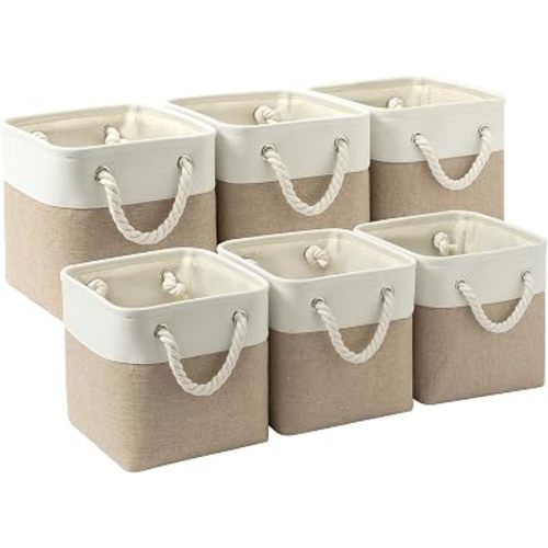 9x9 Inch Cube Small Storage Bins with Cotton Rope Handles 6-Pack