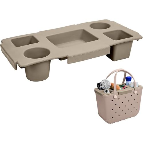 Tote Topper Tray Accessories for Bogg Bag Large – Waterproof EVA Table Top Organizer Lid with Cup Holder, Snack, Phone & Drink Holders for Beach, Pool, Picnic, Travel (Khaki)