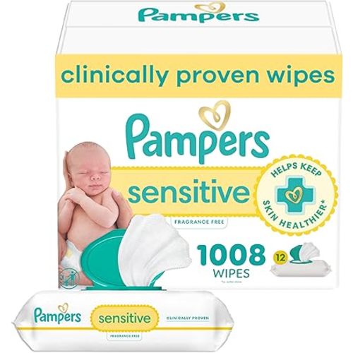Pampers Baby Wipes, Sensitive, Water Based Wipe, Clinically Proven, Hypoallergenic, and Unscented for Babies, 1008 Wipes Total (12 Flip-Top Packs) [Packaging May Vary]