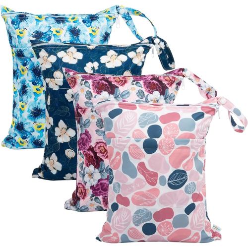 babygoal Wet Dry Bags for Baby Cloth Diapers, Washable Travel Bags, Beach, Pool, Gym Bag for Swimsuits & Wet Clothes with Two Zippered Pockets 4 Pack, 4LN14