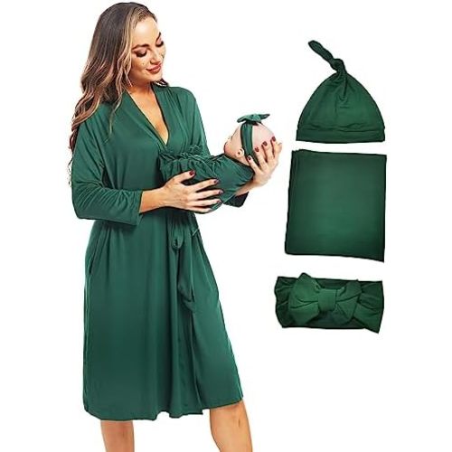 Maternity Robe with Matching Swaddle Blanket Set,Maternity Barhrobe Delivery Labor Robe for Hospital Women Dress