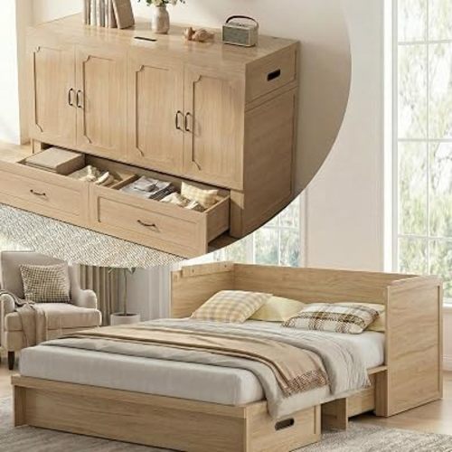 Mjkone Murphy Bed with Tri-Folding Mattress, Queen Hidden Cabinet Bed with Built-in USB Charging Station and 2 Storage Drawers, Foldable Wall Cabinet Beds for Living Room, Natural Wood Color