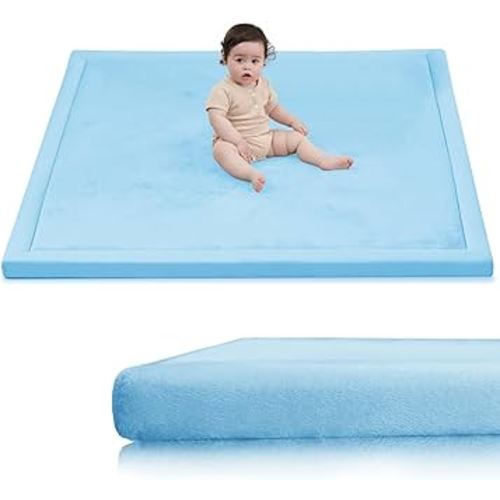 Baby Play Mat for Floor,1.3" Thick Elasti-Foam 50x50 Playpen Mat for Toddlers Infant kids,Water-Repellent Soft Coral Velvet for Tummy Time,Non-Slip Backing for Crawling,Tatami Style(Light Blue)