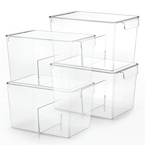 Stackable Clear Storage Bins with Lids, Large Plastic Storage Bins w Handle, Acrylic Pantry Organization and Storage for Kitchen, Fridge, Cabinet, Refrigerator, Bathroom Organizer