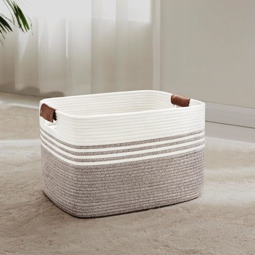 45L Woven Laundry Basket Hamper with Leather Handles,Dark Brown | 18"x14"x11", collapsible wicker hamper, storage for dirty clothes, toys, blankets, gifts, living room, bedroom, bathroom