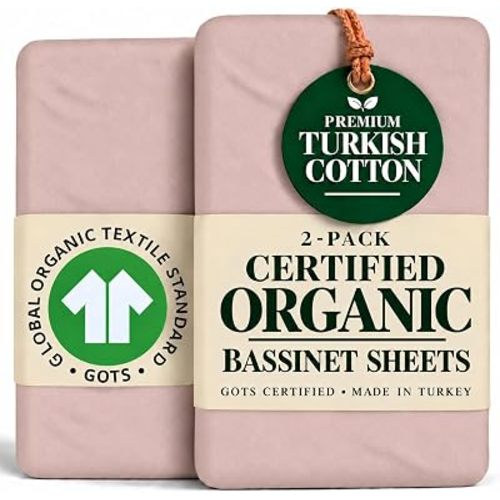 GOTS Organic Bassinet Sheets 33x20 for Maxi Cosi Iora, Angel Bliss, Koola Baby Bond, Newton, Harppa Cudly 3 in 1 Bedside Basinet, 2-Pack 100% Turkish Cotton Cover Boy,Girl 33 x 20-35x19