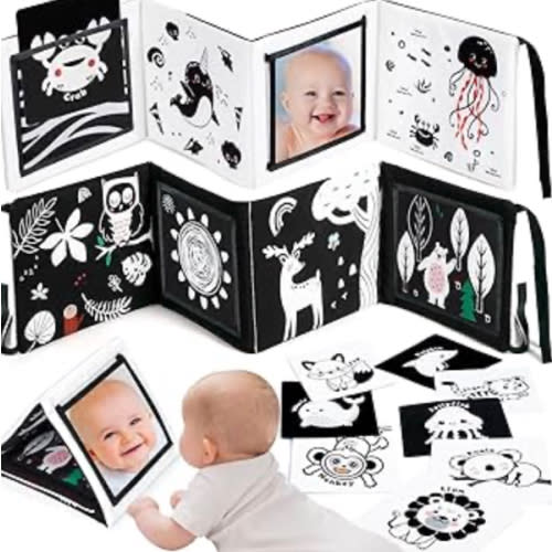 URMYWO Black and White Baby Toys, Tummy Time High Contrast Newborn Toys 0-3 Months, Baby Boy Girl Gifts, Visual Stimulation Learning Activity Cards, Soft Baby Book, Montessori Infant Toys 0-12 Months