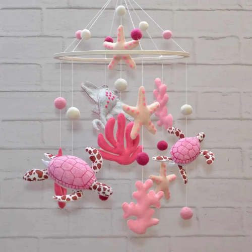 Coastal Baby Mobile for Girl | Handmade Felt Ocean Crib Mobile with Turtles, Starfish & Coral - Cozybabywear