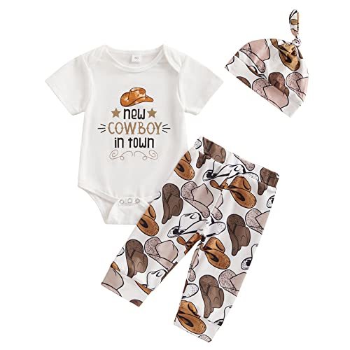 SAYOO Western Newborn Baby Boys Cowboy Outfit Cow Print Letter Bodysuit Long Leggings Cap 3pcs Infant Boy Country Clothes
