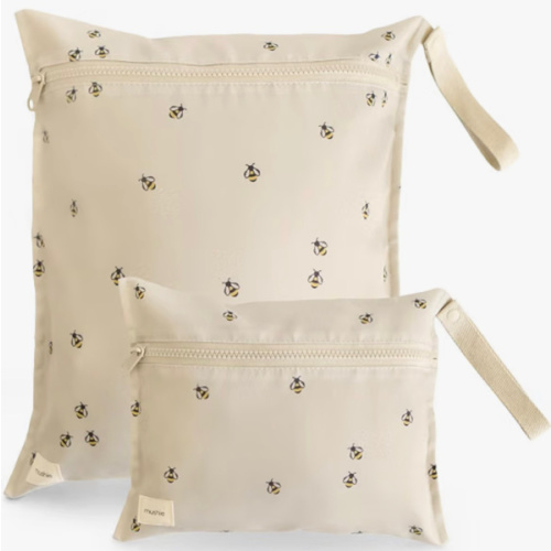 mushie Water Resistant Wet Bags | Large & Small Reusable Storage Bag for Baby Items and Travel | Zippered Pockets with Handle | Machine Washable, Set of 2 (Bees)