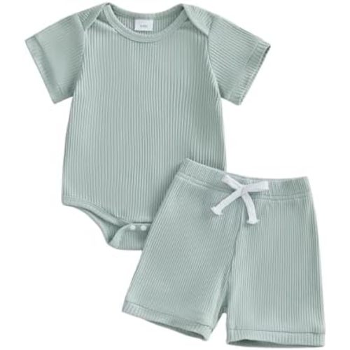 Baby Boy Summer Outfits Solid Short Sleeve Ribbed Romper Shirt Tops Shorts Set Infant Newborn Clothes For Boys