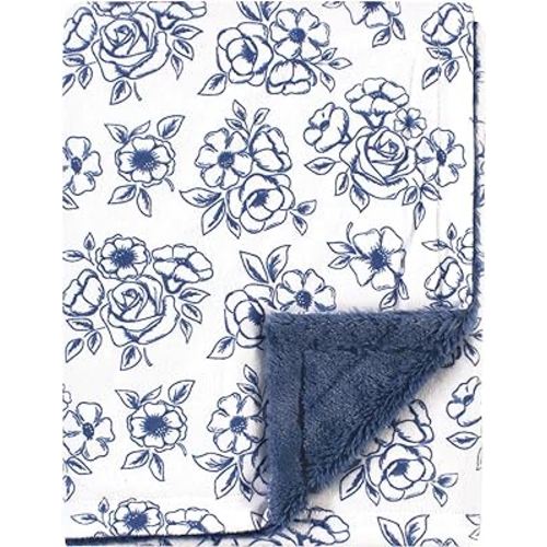 Hudson Baby Unisex Baby Plush Blanket with Furry Binding and Back, Blue Toile, One Size