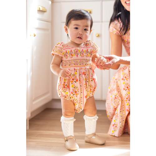 Baby Marlow Romper in Peach Handpainted Flora Stripe
