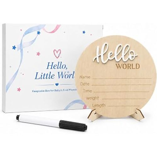 Hello World Baby Announcement Sign Newborn Welcome Plaque Box Set