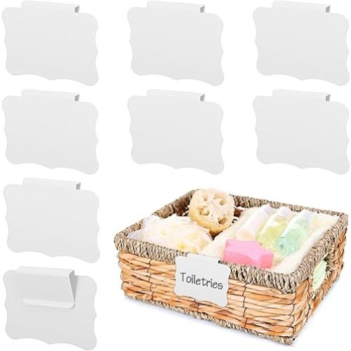 8PCS White Basket Labels Set Basket Labels Clip on 3.5x2.7 Inches Kitchen Clip Label Holder Clips On PVC Label Removable Holders Removable Pantry Baskets Labelsfor Pantry Storage Bins Box