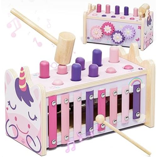 Lehoo Castle Baby Montessori Toys for 1 2 Year Old, Wooden Hammering Pounding Toy with Xylophone, Educational Learning Activities for 1 2 3 Year Old Girls First Christmas Birthday Gifts - Unicorn