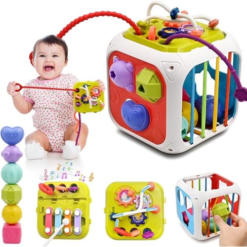 AiTuiTui Baby Sensory Montessori Toys for Boy Girl, 7 in 1 Multi-Function Early Educational Learning Toys with Shape Sorter, Stacking Blocks for Toddlers Birthday Gifts Christmas Stocking Stuffers