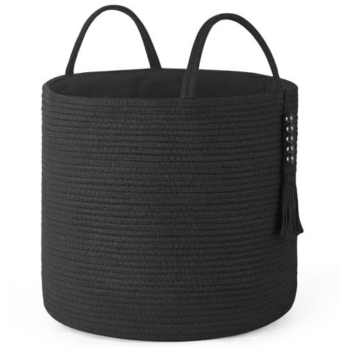 Mkono Woven Storage Basket Decorative Natural Rope Basket Wooden Bead Decoration for Blankets,Toys,Clothes,Shoes,Plant Organizer Bin with Handles Living Room Home Decor, 16"W×13.8"L, Black