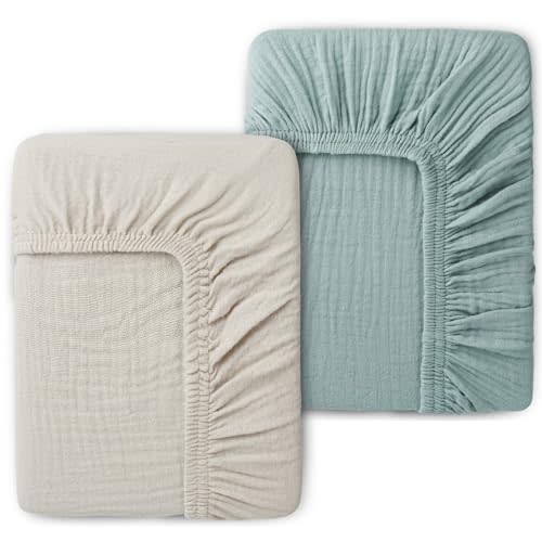 PET REJOIR Muslin Fitted Crib Sheets for Girls & Boys-2 Pack 28"x 52" Soft Baby Mattress Sheet-No Slip Boho Neutral Breathable Toddler Cotton Bedding Sage Green & Beige
