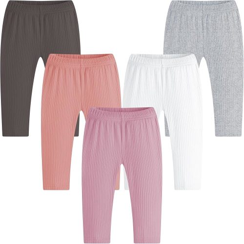 Newborn Infant Girls Pants Baby Girls' 5-Pack Pant Cotton Solid Ribbed Pants Girls Bottoms Pull On Leggings Joggers