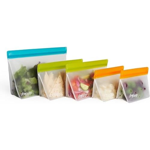 rezip 5-Piece Stand-Up Reusable Bag Kit | BPA-Free, Food Grade, Leakproof, Freezer and Dishwasher Safe | Quart (1), 2-Cup (2), Snack (2) | Multicolor