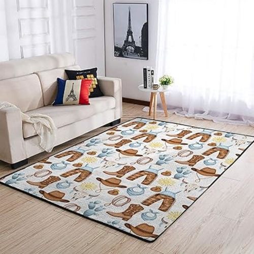 Western Cowgirl Cowboy Area Rugs Baby Toddler Nursery Bedroom Floor Rugs Carpets Desert Cowboy Hat Boot Sun Cactus Throw Carpet Floor Mats for Kitchen Living Room Bathroom Laundry Decor Blue 20x32