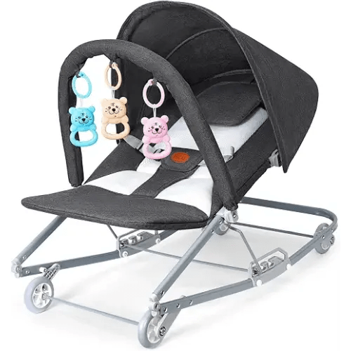 HKAI Rocking Baby Bouncer with Canopy, 2-Mode Rocking & Rolling Infant Seat, Portable Baby Chair for 0-18 Months(Grey)