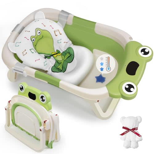 DEANIC Collapsible Baby Bathtub with Baby Washcloth, Portable Infant Bathtub with Soft Baby Bath Support Cushion for 0-3-6-12 Month Newborns, Foldable Baby Bath Tub for Indoor, Travel (Green)