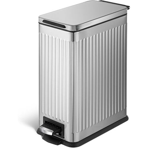 Home Zone Living 3 Gallon Small Trash Can with a Lid and Step Pedal, Stainless Steel with Slim Ribbed Design for Home and Office, Silver, 10 Liters