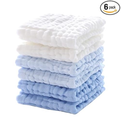 MUKIN Baby Washcloths - Soft Face Cloths for Newborn, Absorbent Bath Wipes, Burp Cloths or Towels, Baby Registry as Shower. Pack of 6-12x12 inches (Blue)