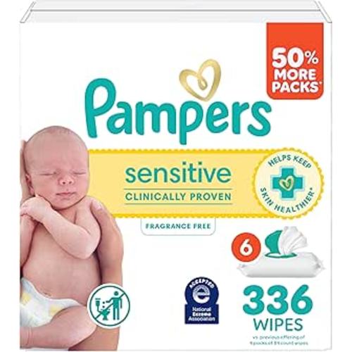 Pampers Sensitive Baby Wipes, Clinically Proven, Fragrance Free, Unscented, Water Based, Hypoallergenic, Multi-Use, Hand Wipes 336 Wipes Total (6X Flip-Top Packs) [Packaging May Vary]