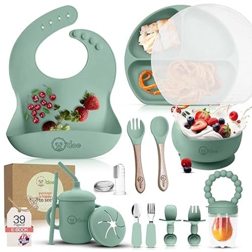 O'doe 17-Piece BPA-Free Silicone Baby Feeding Set | Thick & Soft Suction Plates, Baby Bowls, Wooden Fork & Spoon, and More | Make Mealtime Fun and Easy for Your Little One (Green, V2)