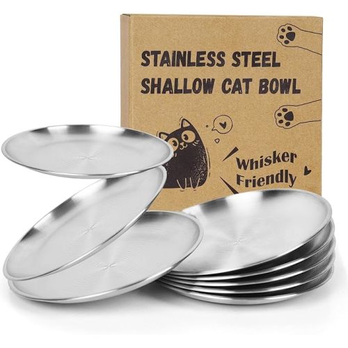 8-Pack Stainless Steel Cat Food Bowls, Shallow Whisker-Friendly Non-Slip Silicone Base Metal Dishes, Easy to Clean Indoor Feeding Flat Plates for Cat, Kitten, Small Dog (6.7")