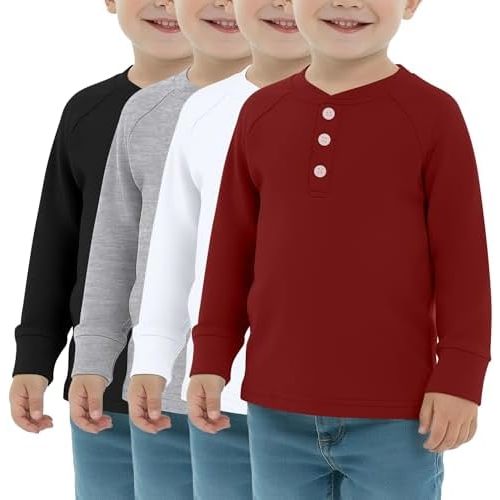 4 Pack Boys' Long Sleeve T-Shirts Girls' Henley Tees Casual Toddler Shirts Solid Baby Winter Clothes Unisex